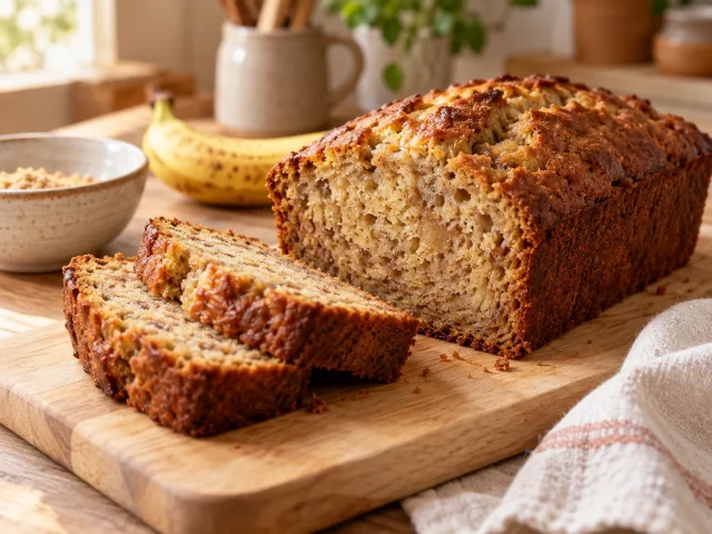 Banana bread loaf with two thick slices on a pale wooden board, moist visible crumb and golden browned crust, one ripe banana subtly in background.