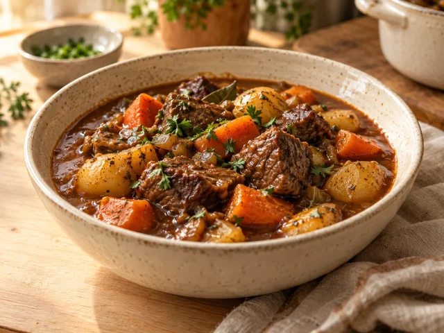 Slow cooked beef stew with tender browned beef cubes, carrots and small potatoes in deep rich brown gravy, rustic cream bowl.
