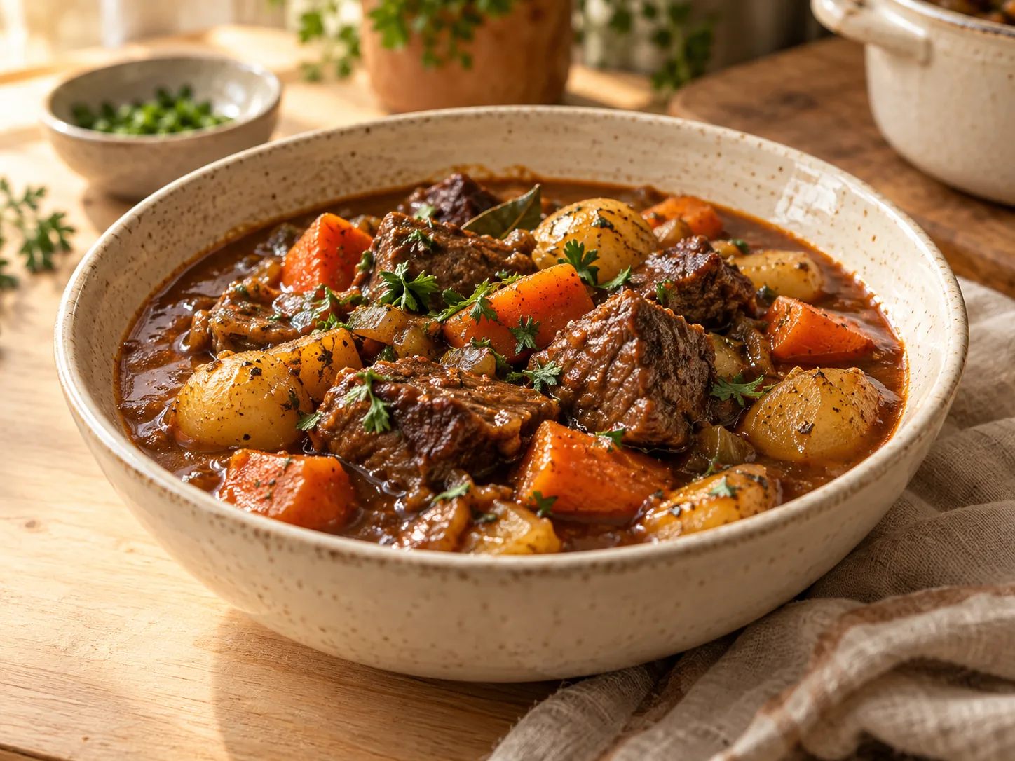 Slow cooked beef stew with tender browned beef cubes, carrots and small potatoes in deep rich brown gravy, rustic cream bowl.
