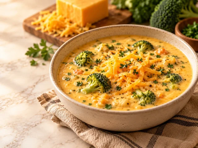 Broccoli cheddar soup in a ceramic bowl