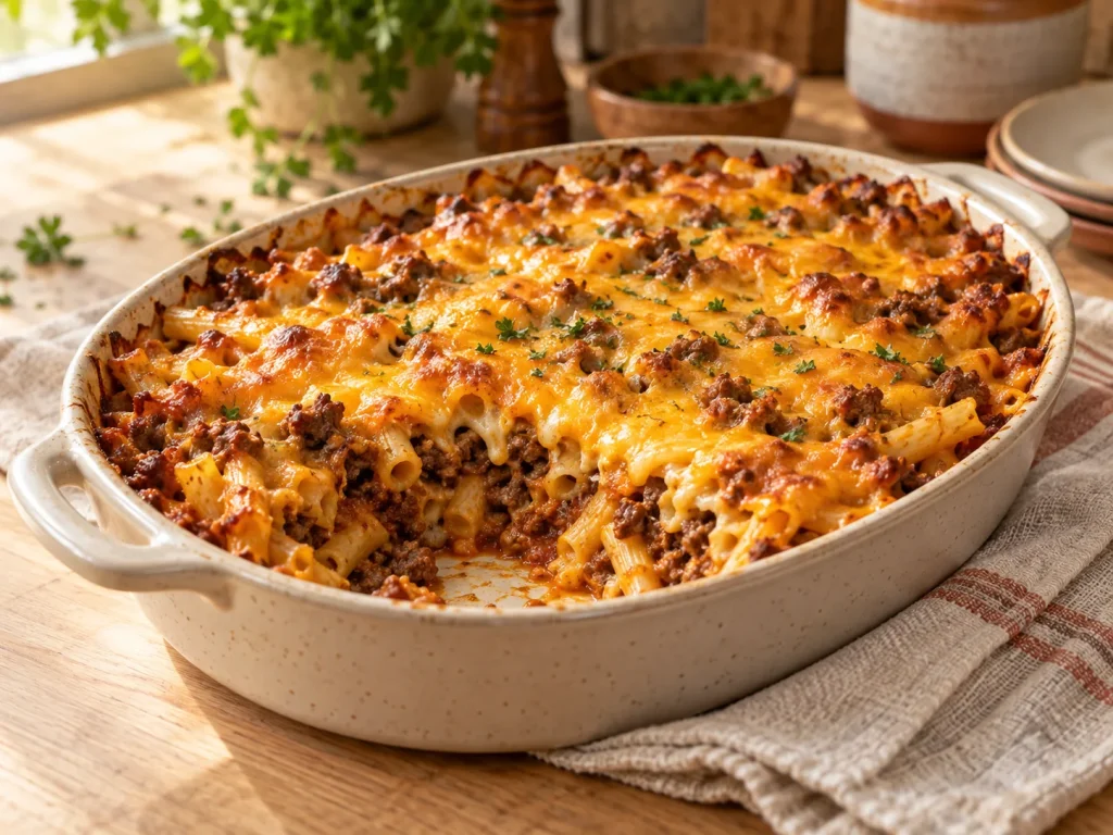 Golden baked ground beef and pasta casserole with melted cheddar in a beige ceramic casserole dish. A serving removed revealing pasta and ground beef, subtle cheese texture.