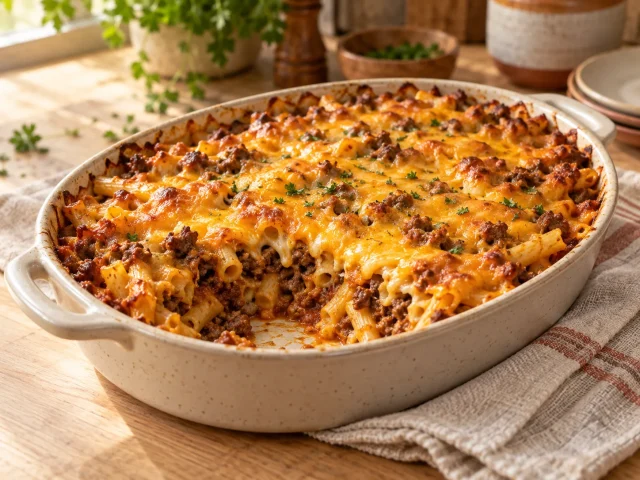 Golden baked ground beef and pasta casserole with melted cheddar in a beige ceramic casserole dish. A serving removed revealing pasta and ground beef, subtle cheese texture.