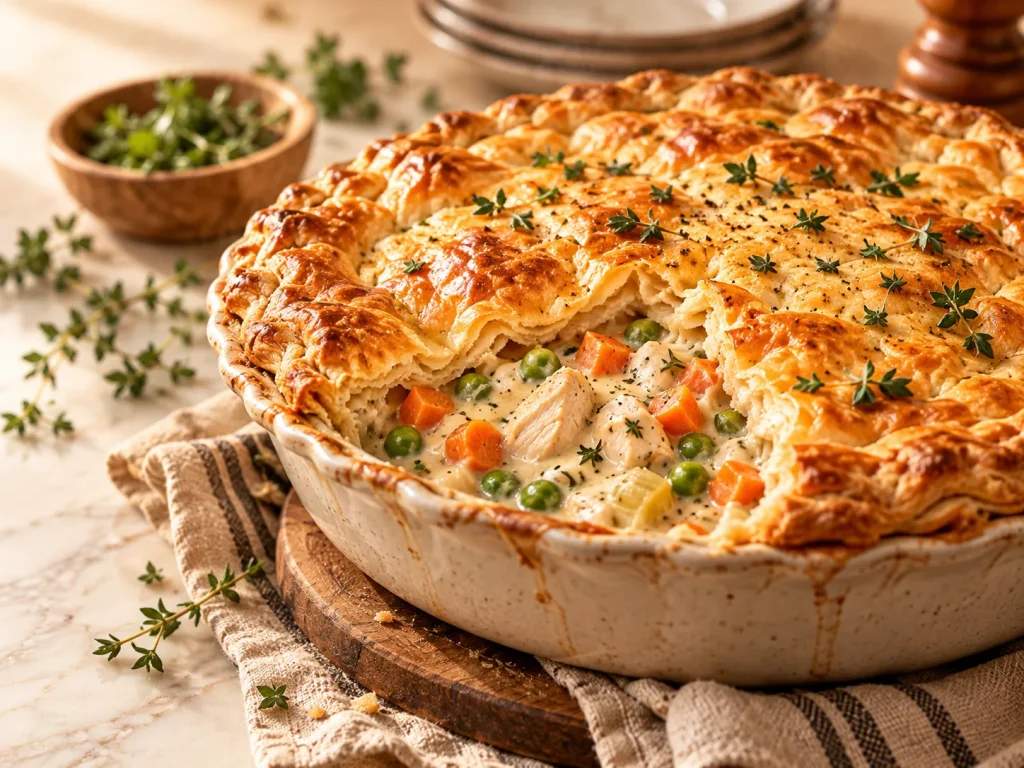 Golden chicken pot pie in a ceramic baking dish