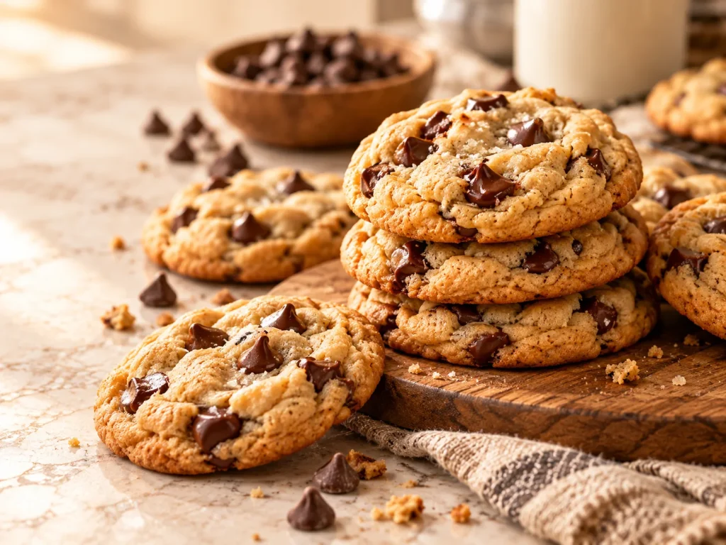 Chocolate chip cookies stacked on a board