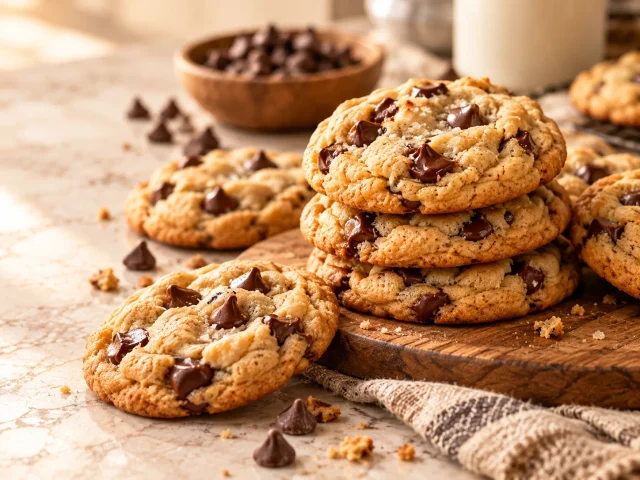 Chocolate chip cookies stacked on a board