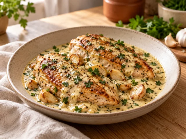 Golden pan-seared chicken breasts in silky creamy garlic sauce with parsley and visible roasted garlic cloves, shallow beige ceramic plate.
