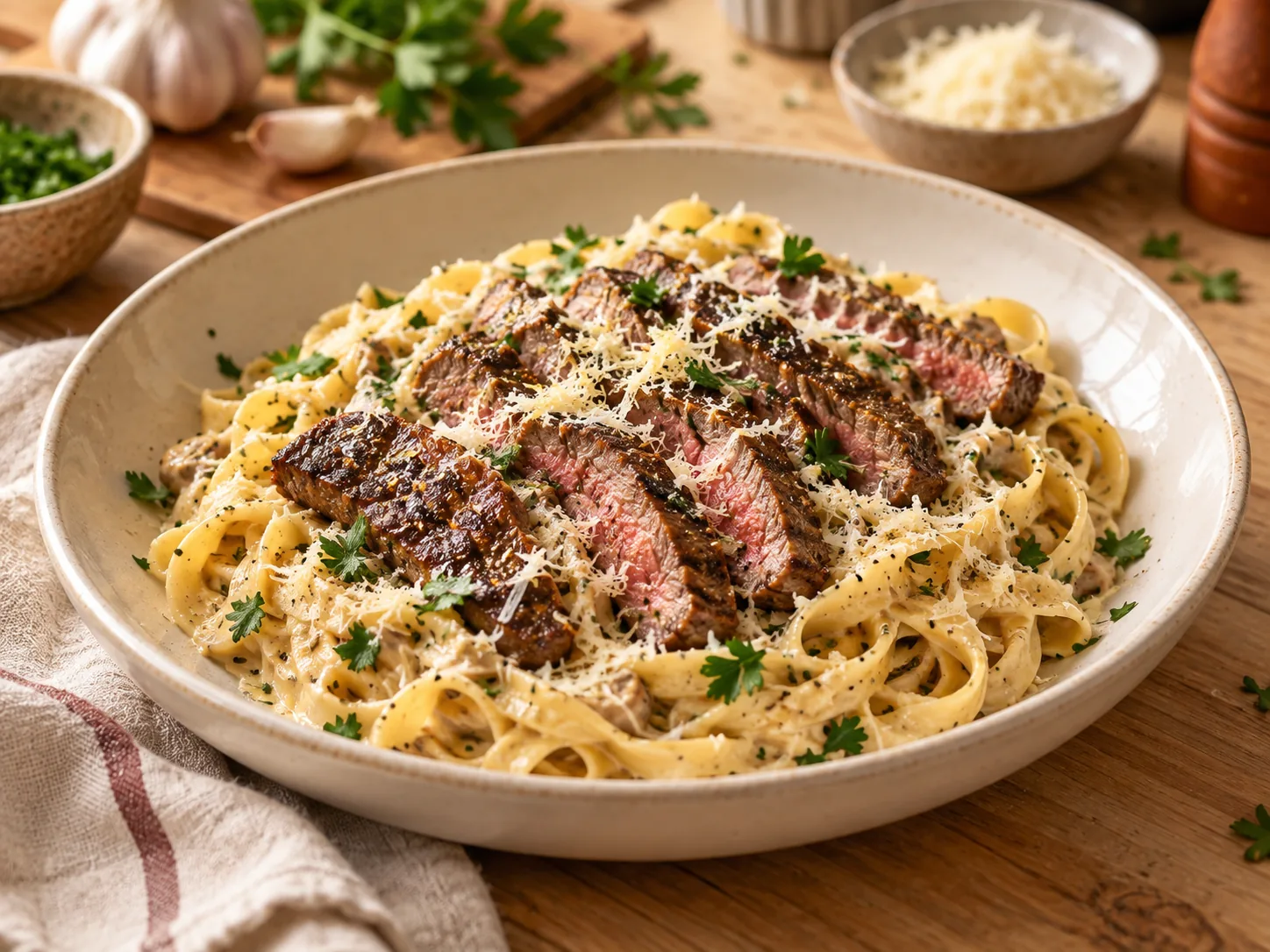 Tagliatelle with sliced seared steak, creamy garlic sauce, parsley and parmesan in a shallow cream bowl, clearly visible browned steak edges.