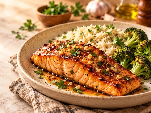 Glazed salmon with rice and broccoli
