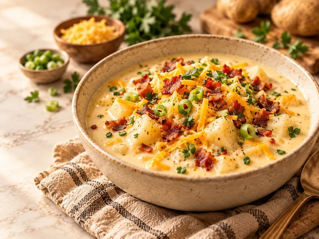 Loaded potato soup with cheese, bacon and chives