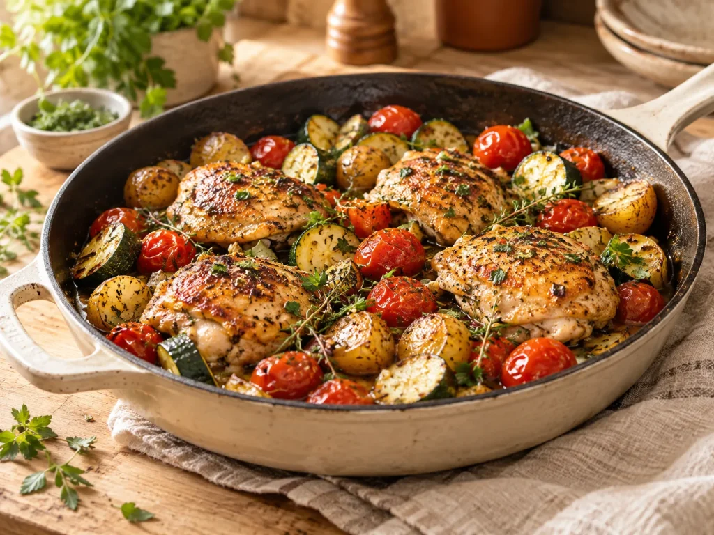 Golden seared chicken pieces with roasted cherry tomatoes, zucchini and baby potatoes in a rustic skillet, fresh herbs and a light pan sauce.