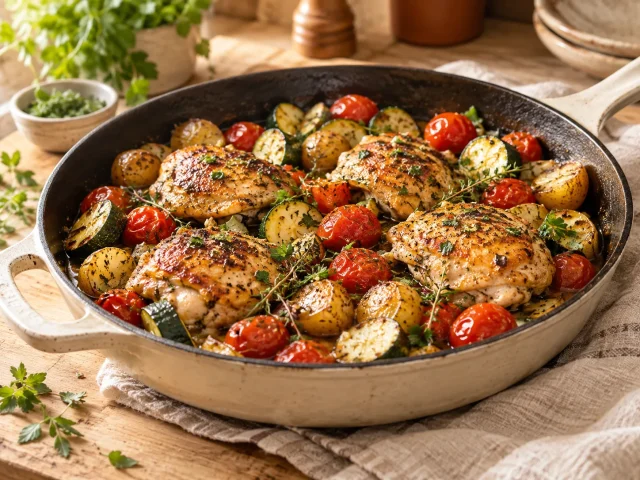 Golden seared chicken pieces with roasted cherry tomatoes, zucchini and baby potatoes in a rustic skillet, fresh herbs and a light pan sauce.