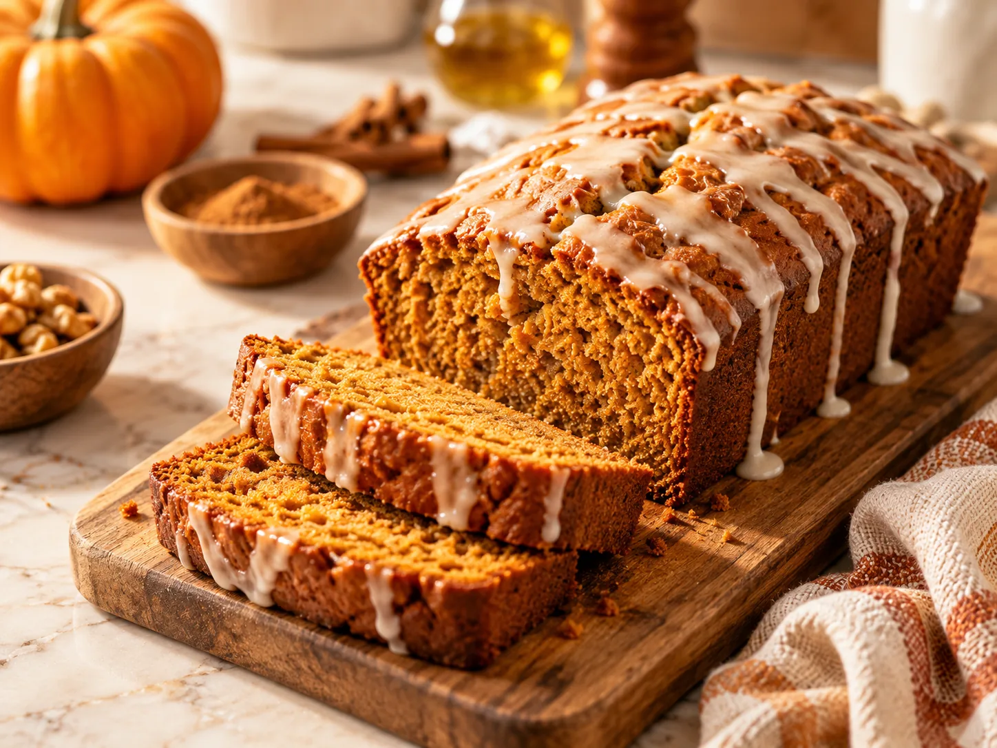 Pumpkin bread with glaze and pecans