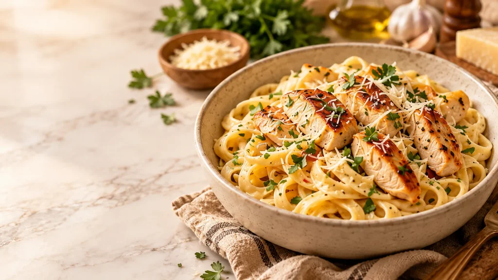 Creamy chicken pasta in a ceramic bowl