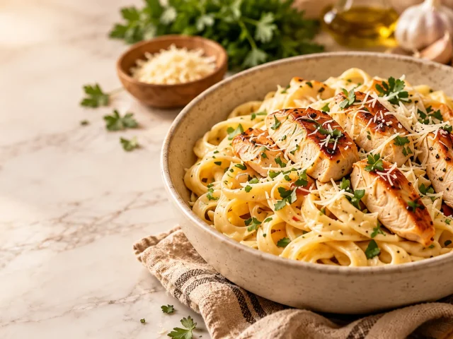 Creamy chicken pasta in a ceramic bowl